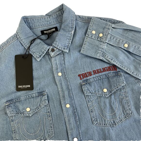 New True Religion Men's Sz M Chambray Western Pearl Snap Shirt Blue NWT $99 - Picture 1 of 8
